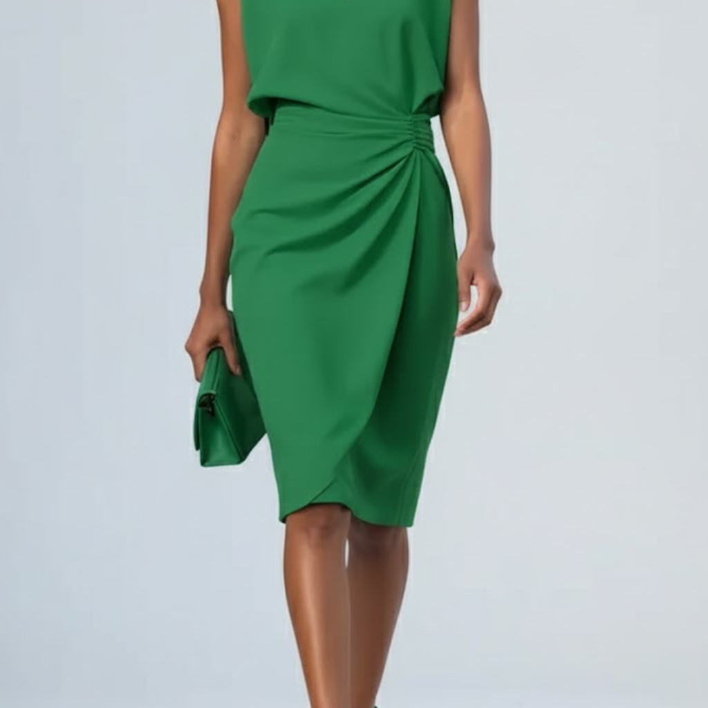 Women's Keyhole Neck Midi Dress - Ruched Waist and Cap Sleeves