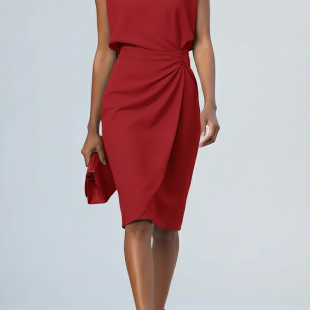 Women's Keyhole Neck Midi Dress - Ruched Waist and Cap Sleeves