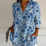 Women's Linen Blouse Floral Button Front Long Sleeve Shirt