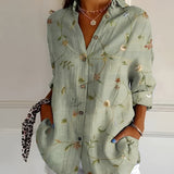 Women's Linen Blouse Floral Button Front Long Sleeve Shirt