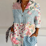 Women's Linen Blouse Floral Button Front Long Sleeve Shirt