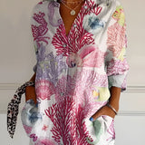 Women's Linen Blouse Floral Button Front Long Sleeve Shirt