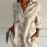Women's Linen Blouse Floral Button Front Long Sleeve Shirt