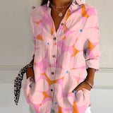 Women's Linen Blouse Floral Button Front Long Sleeve Shirt