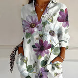 Women's Linen Blouse Floral Button Front Long Sleeve Shirt