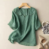 Women's Linen Blouse Vintage Peter Pan Collar Short Sleeve