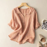 Women's Linen Blouse Vintage Peter Pan Collar Short Sleeve