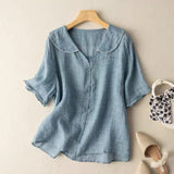 Women's Linen Blouse Vintage Peter Pan Collar Short Sleeve