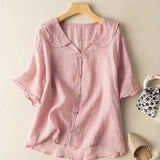 Women's Linen Blouse Vintage Peter Pan Collar Short Sleeve