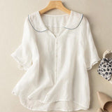 Women's Linen Blouse Vintage Peter Pan Collar Short Sleeve