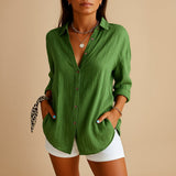 Women's Linen Button Down Blouse - Long Sleeves and Textured Fabric with Side Pockets