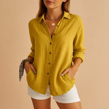Women's Linen Button Down Blouse - Long Sleeves and Textured Fabric with Side Pockets