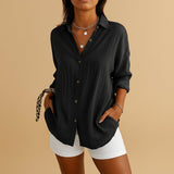 Women's Linen Button Down Blouse - Long Sleeves and Textured Fabric with Side Pockets