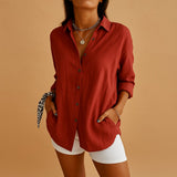 Women's Linen Button Down Blouse - Long Sleeves and Textured Fabric with Side Pockets
