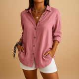 Women's Linen Button Down Blouse - Long Sleeves and Textured Fabric with Side Pockets