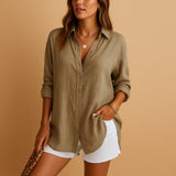 Women's Linen Button Down Blouse - Long Sleeves and Textured Fabric with Side Pockets