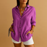 Women's Linen Button Down Blouse - Long Sleeves and Textured Fabric with Side Pockets