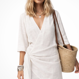 Women's Linen Mini Dress - V-Neck Wrap Front and Side Tie Detail