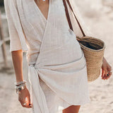 Women's Linen Mini Dress - V-Neck Wrap Front and Side Tie Detail