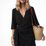 Women's Linen Mini Dress - V-Neck Wrap Front and Side Tie Detail