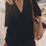 Women's Linen Mini Dress - V-Neck Wrap Front and Side Tie Detail