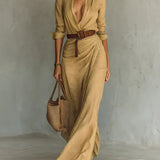 Women Ruched Maxi Shirt Dress Belted Long Sleeve Button Front