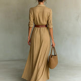 Women Ruched Maxi Shirt Dress Belted Long Sleeve Button Front