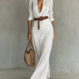 Women Ruched Maxi Shirt Dress Belted Long Sleeve Button Front