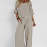Women's Linen Set Wide Leg Trousers and Short Sleeve Top