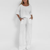 Women's Linen Set Wide Leg Trousers and Short Sleeve Top