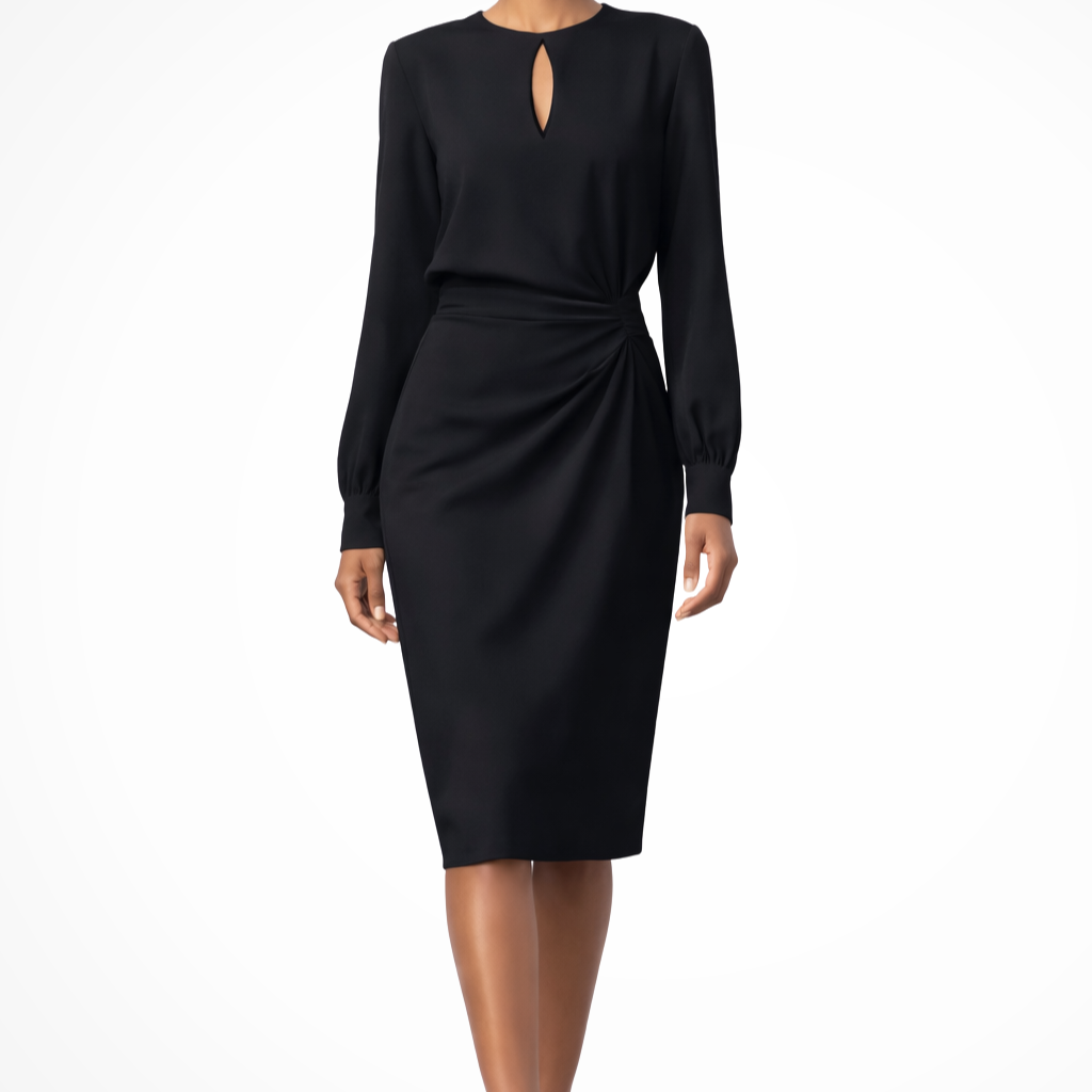 Women's Long Sleeve Midi Dress - Keyhole Neckline and Ruched Waist