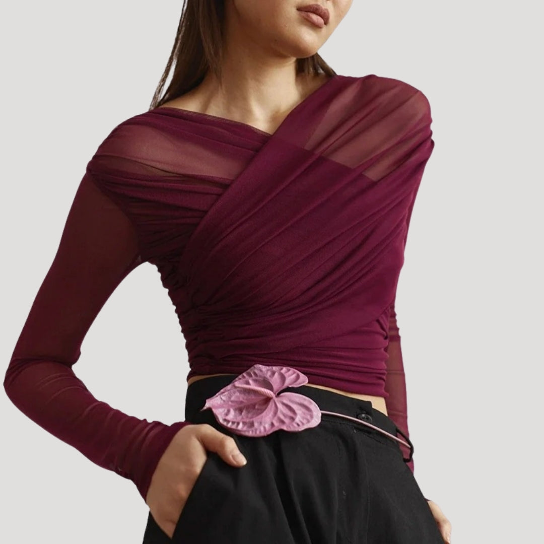 Women's Long Sleeve Wrap Top - Ruched Weave Style