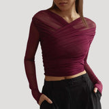 Women's Long Sleeve Wrap Top - Ruched Weave Style