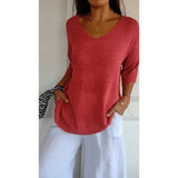 Women's Loose Knit Blouse - V-Neck and Half Sleeves with Textured Finish