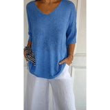 Women's Loose Knit Blouse - V-Neck and Half Sleeves with Textured Finish