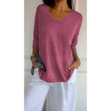Women's Loose Knit Blouse - V-Neck and Half Sleeves with Textured Finish