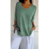 Women's Loose Knit Blouse - V-Neck and Half Sleeves with Textured Finish