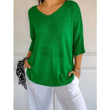 Women's Loose Knit Blouse - V-Neck and Half Sleeves with Textured Finish