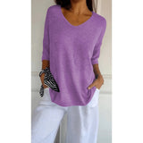Women's Loose Knit Blouse - V-Neck and Half Sleeves with Textured Finish