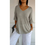 Women's Loose Knit Blouse - V-Neck and Half Sleeves with Textured Finish