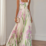 Women's Maxi Dress Square Neck Pleated Floral Gown with Waist Belt