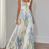 Women's Maxi Dress Square Neck Pleated Floral Gown with Waist Belt