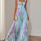 Women's Maxi Dress Square Neck Pleated Floral Gown with Waist Belt