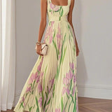 Women's Maxi Dress Square Neck Pleated Floral Gown with Waist Belt