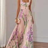 Women's Maxi Dress Square Neck Pleated Floral Gown with Waist Belt