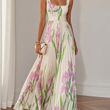 Women's Maxi Dress Square Neck Pleated Floral Gown with Waist Belt