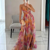 Women's Maxi Dress Watercolor Floral Gown with Tulle Overlay