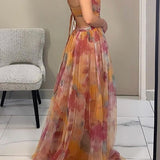 Women's Maxi Dress Watercolor Floral Gown with Tulle Overlay
