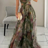 Women's Maxi Dress Watercolor Floral Gown with Tulle Overlay