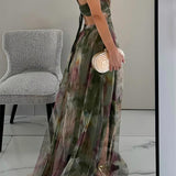 Women's Maxi Dress Watercolor Floral Gown with Tulle Overlay